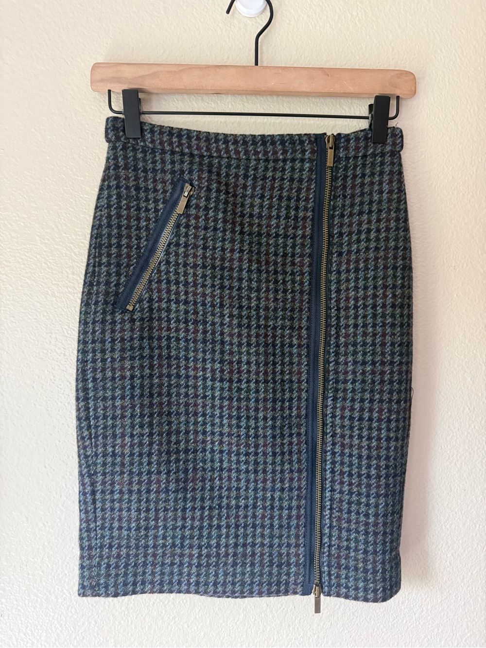 J. Crew Blue and Green Houndstooth Pencil Skirt with Zippers